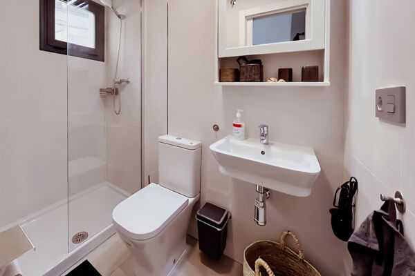 Bathroom on the 1st floor with toilet, washbasin, mirror cabinet and shower at house Pequeña